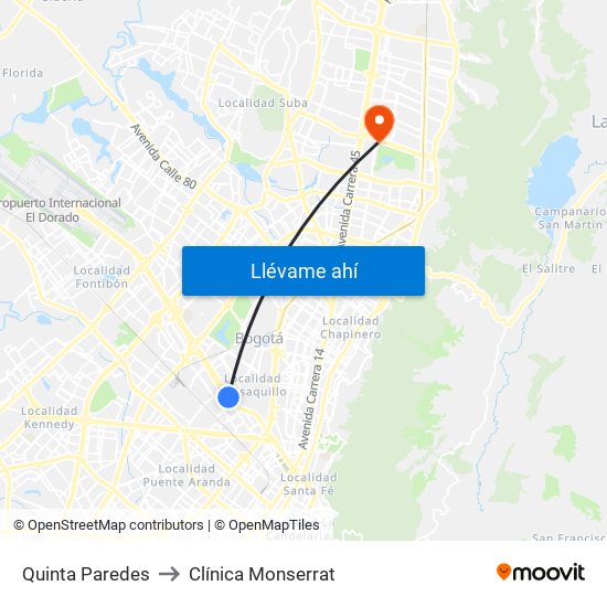 Quinta Paredes to Clínica Monserrat map