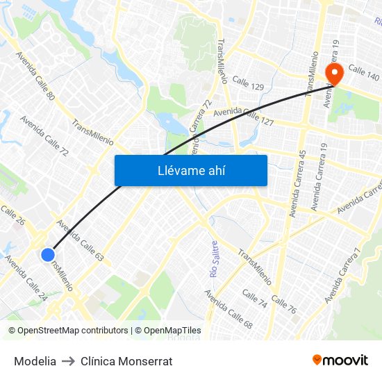 Modelia to Clínica Monserrat map