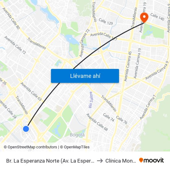 Br. La Esperanza Norte (Av. La Esperanza - Kr 69d) to Clínica Monserrat map