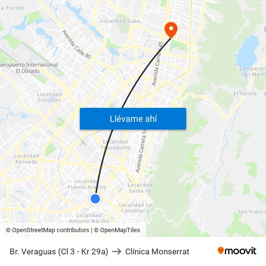 Br. Veraguas (Cl 3 - Kr 29a) to Clínica Monserrat map