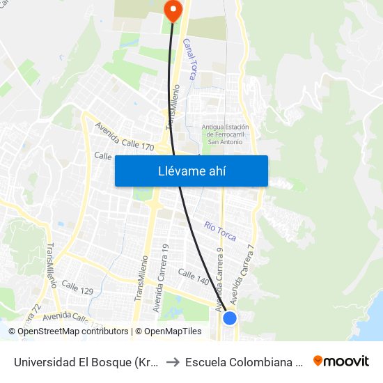 Universidad El Bosque (Kr 7 Bis - Cl 131) to Escuela Colombiana De Ingenieria map