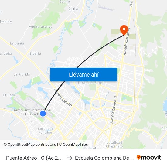 Puente Aéreo - O (Ac 26 - Kr 106) to Escuela Colombiana De Ingenieria map