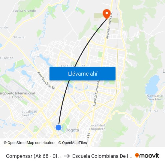 Compensar (Ak 68 - Cl 49a) (B) to Escuela Colombiana De Ingenieria map