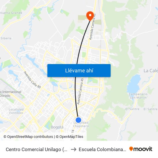 Centro Comercial Unilago (Ak 15 - Cl 77) (B) to Escuela Colombiana De Ingenieria map