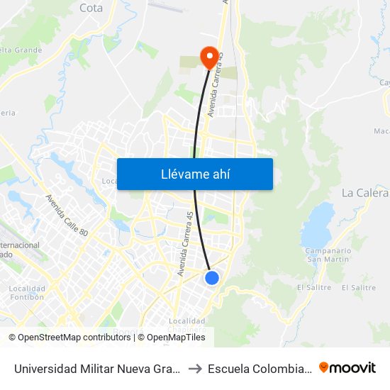 Universidad Militar Nueva Granada (Ac 100 - Kr 10) (B) to Escuela Colombiana De Ingenieria map