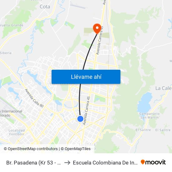 Br. Pasadena (Kr 53 - Cl 102) to Escuela Colombiana De Ingenieria map