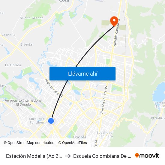 Estación Modelia (Ac 26 - Kr 82) to Escuela Colombiana De Ingenieria map