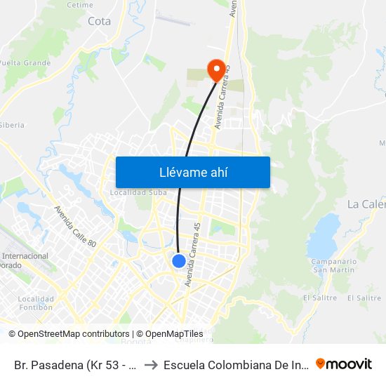 Br. Pasadena (Kr 53 - Cl 107) to Escuela Colombiana De Ingenieria map