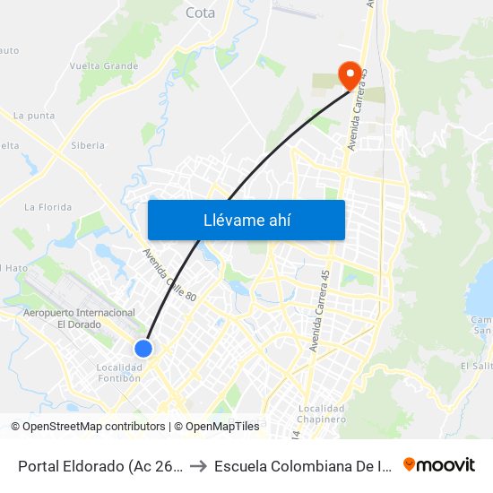 Portal Eldorado (Ac 26 - Tv 93) to Escuela Colombiana De Ingenieria map