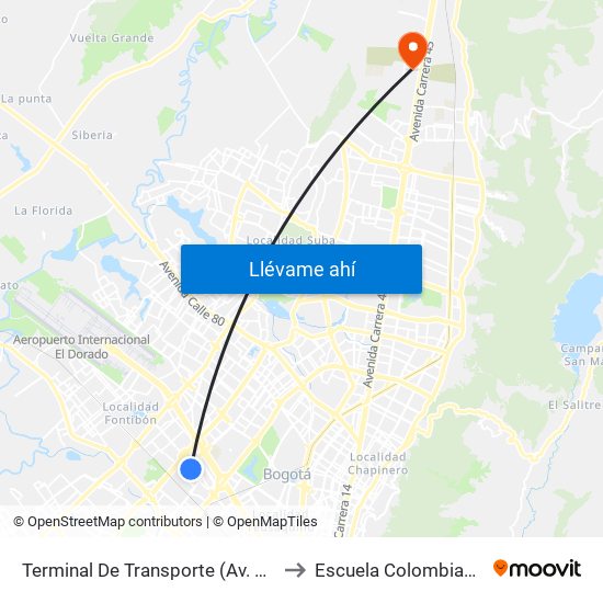 Terminal De Transporte (Av. La Esperanza - Kr 69d) to Escuela Colombiana De Ingenieria map
