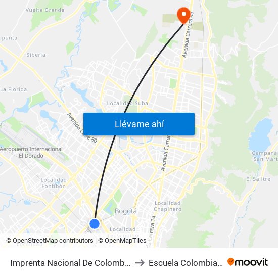Imprenta Nacional De Colombia (Av. Esperanza - Kr 65) to Escuela Colombiana De Ingenieria map