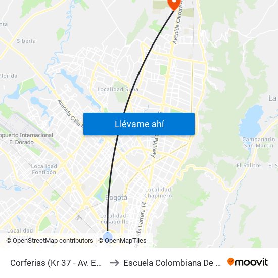 Corferias (Kr 37 - Av. Esperanza) to Escuela Colombiana De Ingenieria map