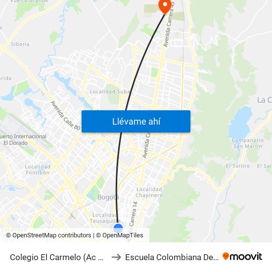 Colegio El Carmelo (Ac 45 - Kr 25a) to Escuela Colombiana De Ingenieria map