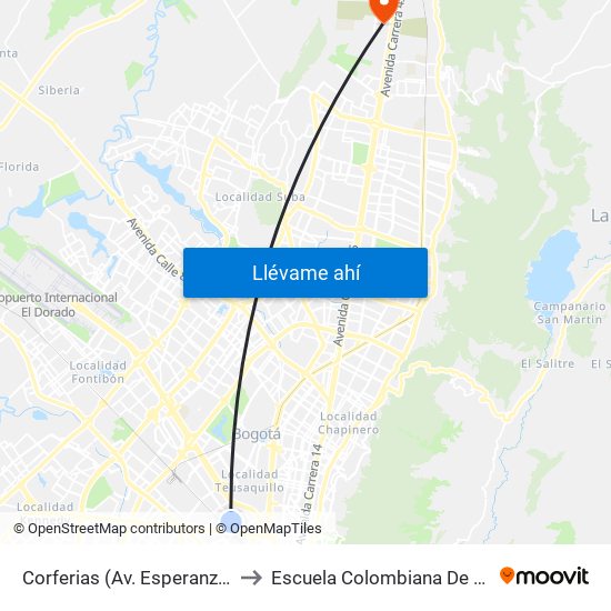 Corferias (Av. Esperanza - Kr 37) to Escuela Colombiana De Ingenieria map