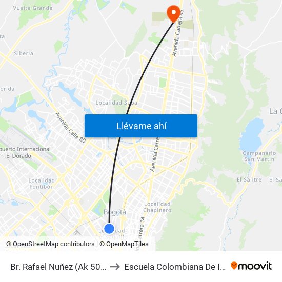 Br. Rafael Nuñez (Ak 50 - Cl 44f) to Escuela Colombiana De Ingenieria map