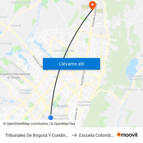 Tribunales De Bogotá Y Cundinamarca (Av. Esperanza - Kr 53) to Escuela Colombiana De Ingenieria map