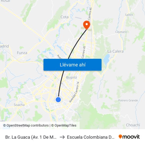 Br. La Guaca (Av. 1 De Mayo - Kr 39) to Escuela Colombiana De Ingenieria map