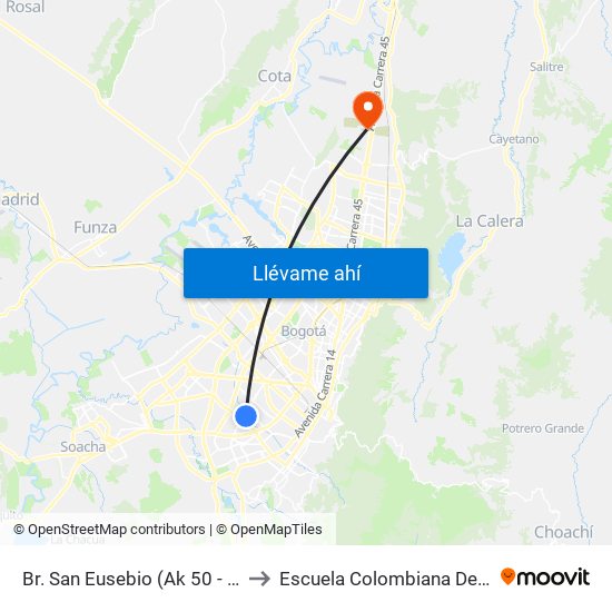 Br. San Eusebio (Ak 50 - Dg 16 Sur) to Escuela Colombiana De Ingenieria map