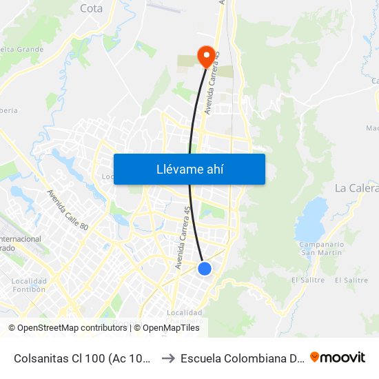 Colsanitas Cl 100 (Ac 100 - Kr 11b) (A) to Escuela Colombiana De Ingenieria map