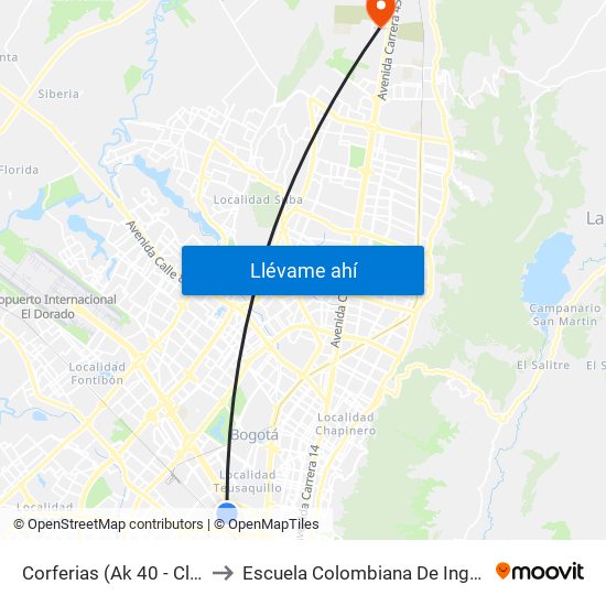 Corferias (Ak 40 - Cl 24a) to Escuela Colombiana De Ingenieria map