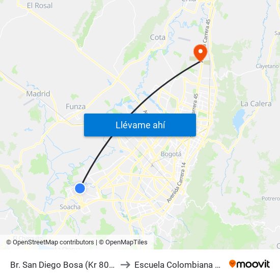 Br. San Diego Bosa (Kr 80k - Cl 82b Sur) to Escuela Colombiana De Ingenieria map