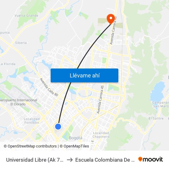 Universidad Libre (Ak 70 - Ac 53) to Escuela Colombiana De Ingenieria map