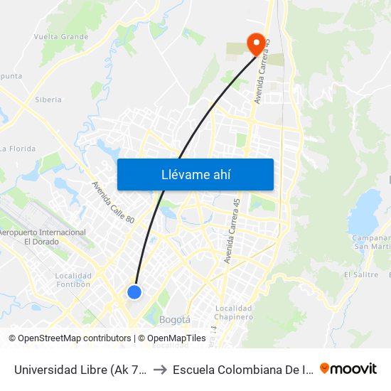 Universidad Libre (Ak 70 - Cl 54) to Escuela Colombiana De Ingenieria map
