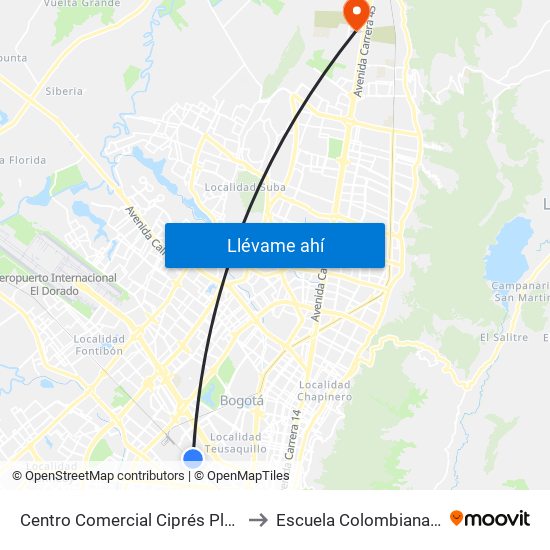 Centro Comercial Ciprés Plaza (Ak 50 - Cl 21) to Escuela Colombiana De Ingenieria map