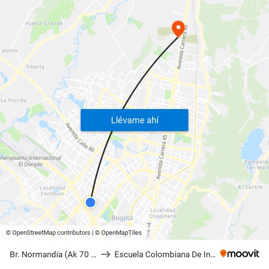 Br. Normandía (Ak 70 - Cl 51) to Escuela Colombiana De Ingenieria map