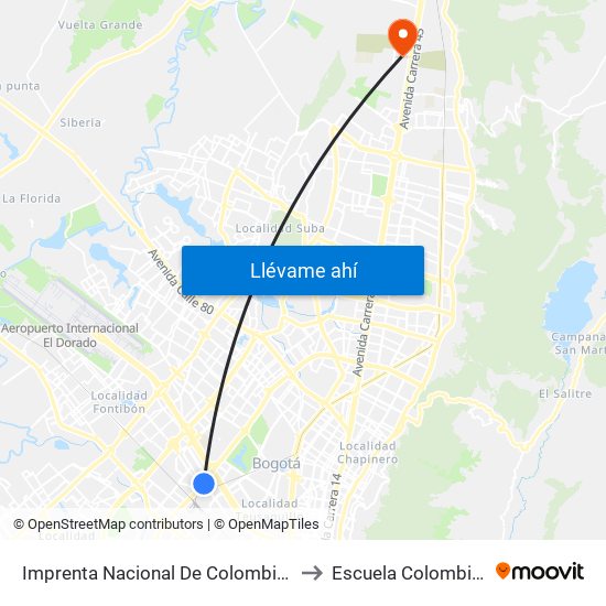 Imprenta Nacional De Colombia (Ak 68 - Av. Esperanza) (A) to Escuela Colombiana De Ingenieria map