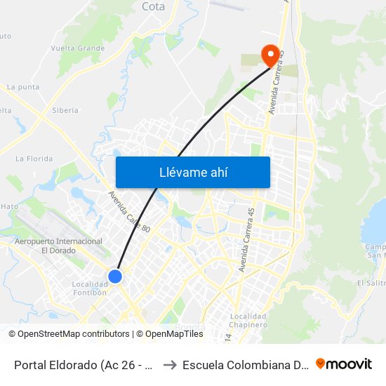 Portal Eldorado (Ac 26 - Av. C. De Cali) to Escuela Colombiana De Ingenieria map