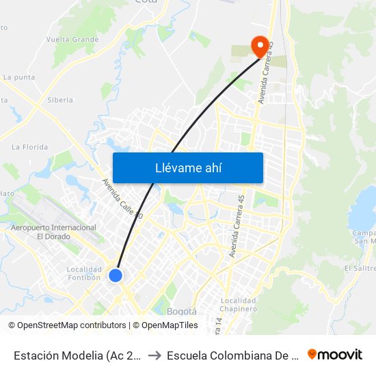 Estación Modelia (Ac 26 - Kr 82) to Escuela Colombiana De Ingenieria map