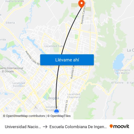 Universidad Nacional to Escuela Colombiana De Ingenieria map