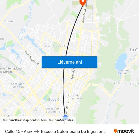 Calle 45 - Asw to Escuela Colombiana De Ingenieria map