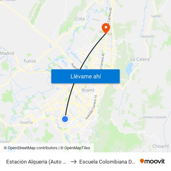 Estación Alquería (Auto Sur - Kr 51f) to Escuela Colombiana De Ingenieria map