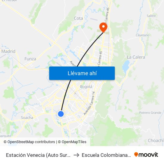 Estación Venecia (Auto Sur - Cl 44 Bis A Sur) to Escuela Colombiana De Ingenieria map