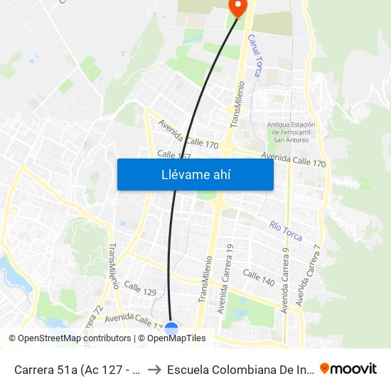 Carrera 51a (Ac 127 - Kr 51a) to Escuela Colombiana De Ingenieria map