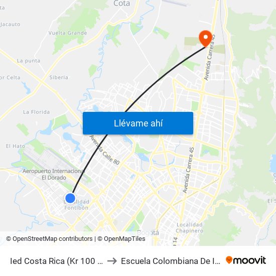 Ied Costa Rica (Kr 100 - Cl 23b) to Escuela Colombiana De Ingenieria map