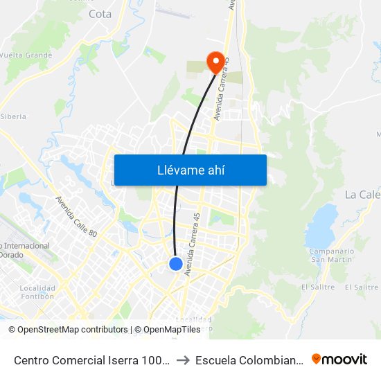 Centro Comercial Iserra 100 (Ac 100 - Tv 55) (A) to Escuela Colombiana De Ingenieria map