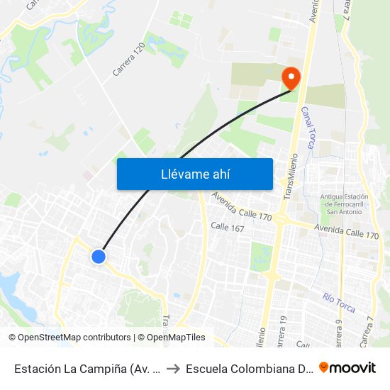 Estación La Campiña (Av. Suba - Kr 99) to Escuela Colombiana De Ingenieria map