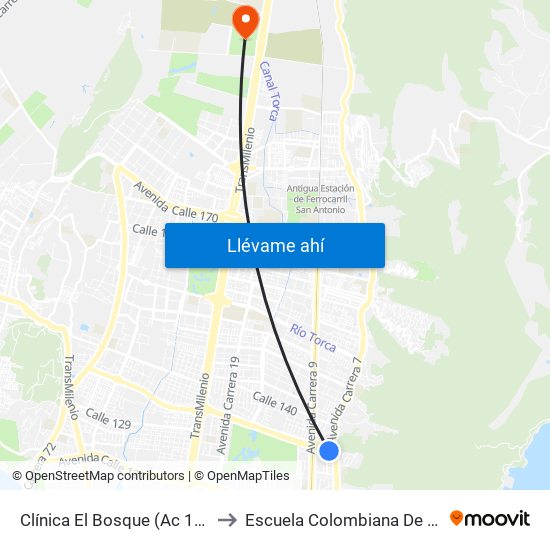 Clínica El Bosque (Ac 134 - Ak 7) to Escuela Colombiana De Ingenieria map