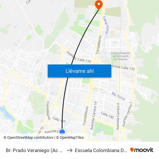 Br. Prado Veraniego (Ac 127 - Kr 56b) to Escuela Colombiana De Ingenieria map