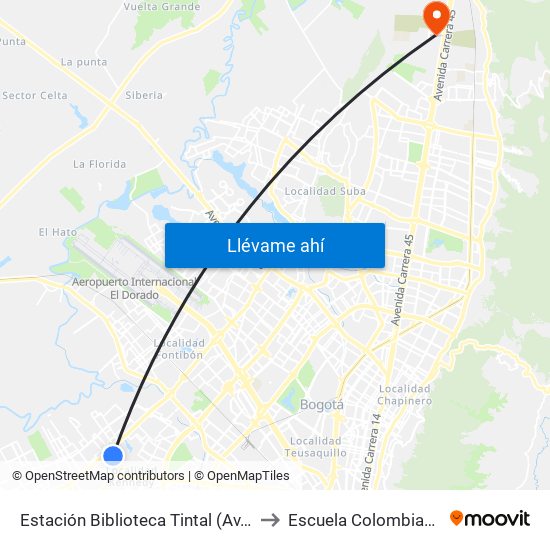 Estación Biblioteca Tintal (Av. Américas - Kr 82) (A) to Escuela Colombiana De Ingenieria map