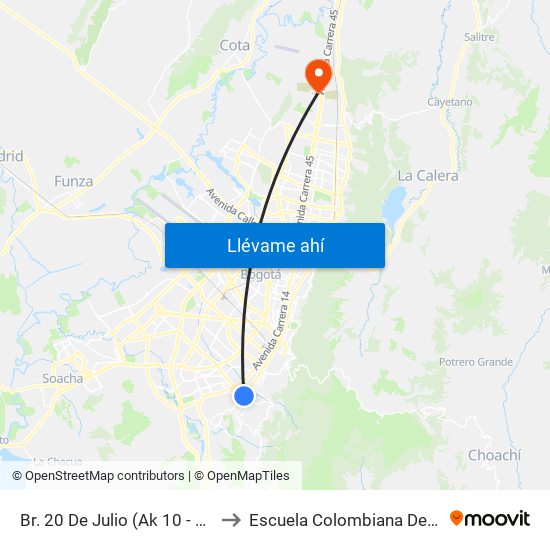 Br. 20 De Julio (Ak 10 - Cl 21a Sur) to Escuela Colombiana De Ingenieria map