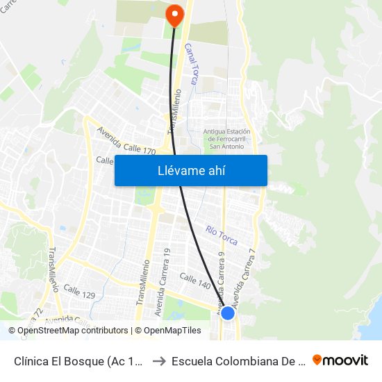 Clínica El Bosque (Ac 134 - Kr 7a) to Escuela Colombiana De Ingenieria map