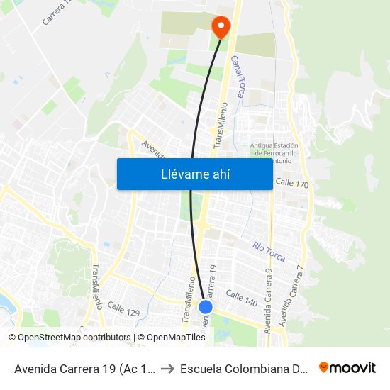 Avenida Carrera 19 (Ac 134 - Ak 19) to Escuela Colombiana De Ingenieria map