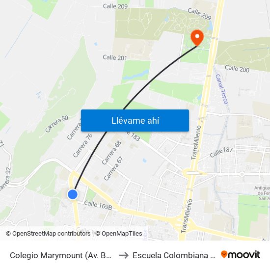 Colegio Marymount (Av. Boyacá - Cl 169b) to Escuela Colombiana De Ingenieria map