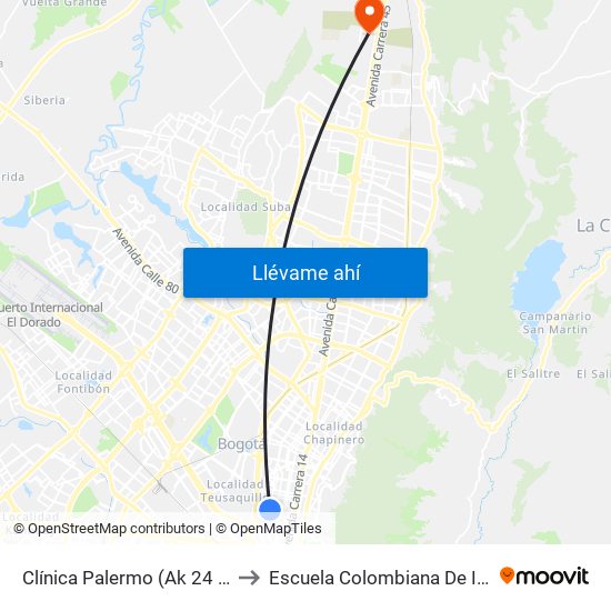 Clínica Palermo (Ak 24 - Cl 45b) to Escuela Colombiana De Ingenieria map