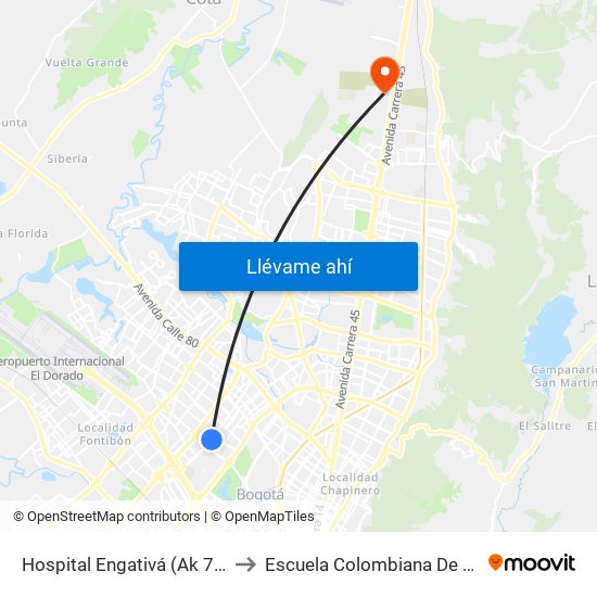 Hospital Engativá (Ak 70 - Cl 64) to Escuela Colombiana De Ingenieria map