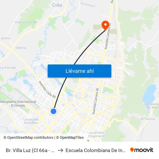 Br. Villa Luz (Cl 66a - Kr 78) to Escuela Colombiana De Ingenieria map